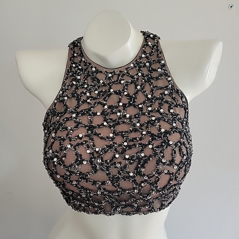 Terani Couture Gown 2 Black Two Piece Beaded High Neck Crop Top Organza Skirt - Picture 3 of 13